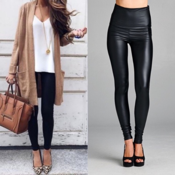High waist fold over leather Leggings Black Matte - Picture 6 of 7